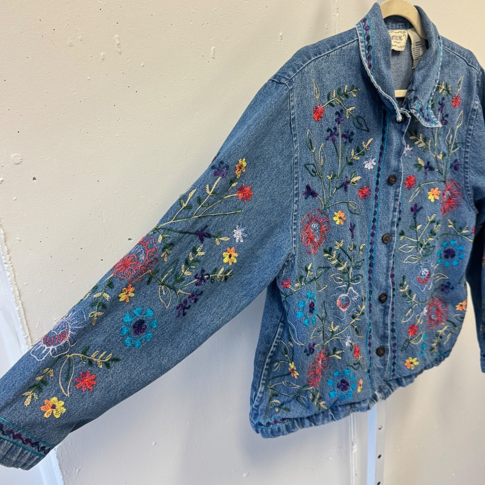 Vintage Tantrums Floral Embroidered Denim Jacket Medium Boho Cottagecore - Picture 6 of 9